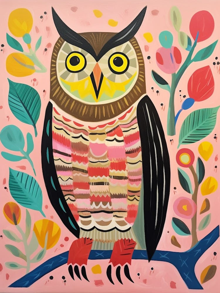 Pink Scandi Great Horned Owl 1