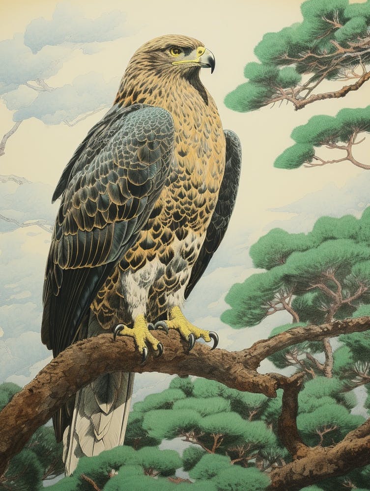 Ohara Koson Inspired Bird Painting Golden Eagle 3