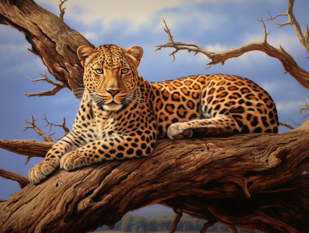 African Leopard Resting In A Tree Realism Painting 3