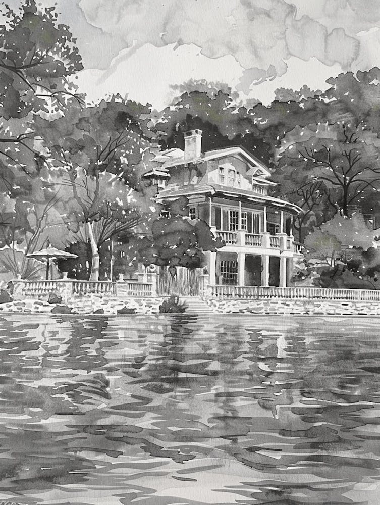 The Oasis On Lake Travis Austin Texas Black And White Watercolour 1
