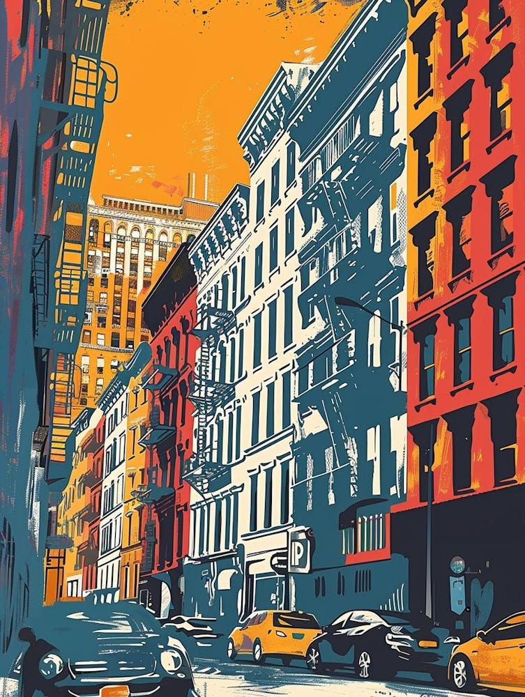 Soho South Of Houston Street New York Bunte Siebdruck Illustration 4