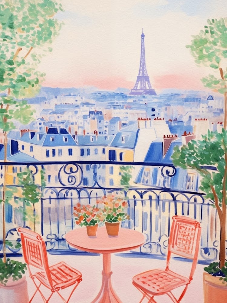 Paris Balcony Eiffel Tower View Watercolor