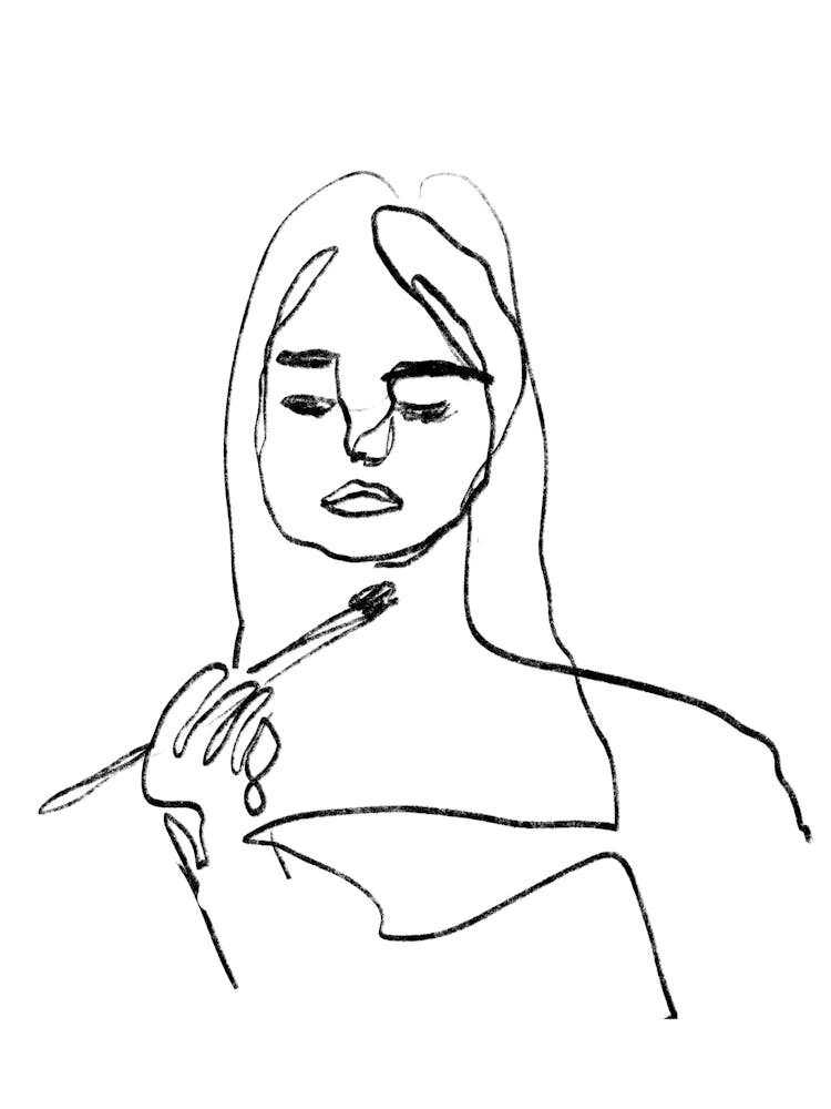 Portrait Of A Woman Line Drawing Applying Makeup