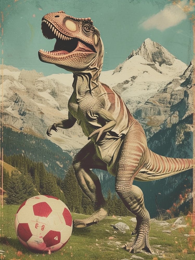 Dinosaur Playing Football Abstract Retro Collage 2