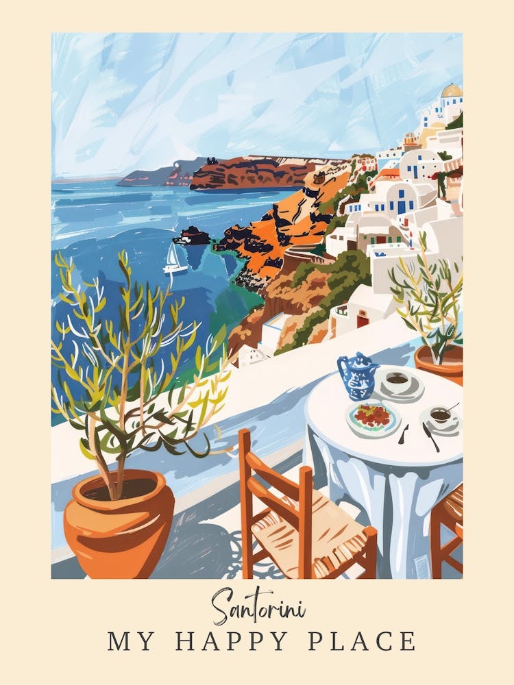 My Happy Place Santorini 3 Travel Poster