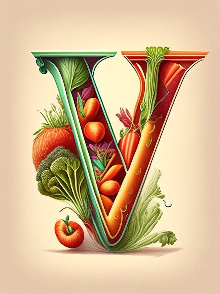 V  Vegetable Soup, Letter, Alphabet Retro Drawing 1