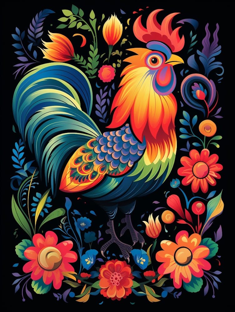 Folk Bird Illustration Rooster 2