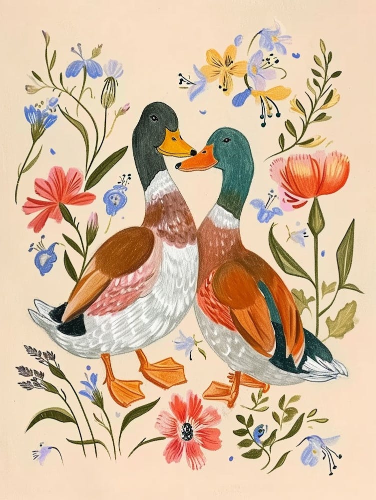Folksy Floral Animal Drawing Duck 4