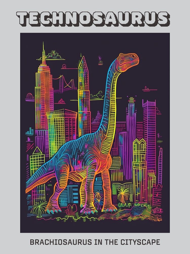 Neon Brachiosaurus In A Cityscape 2 Poster