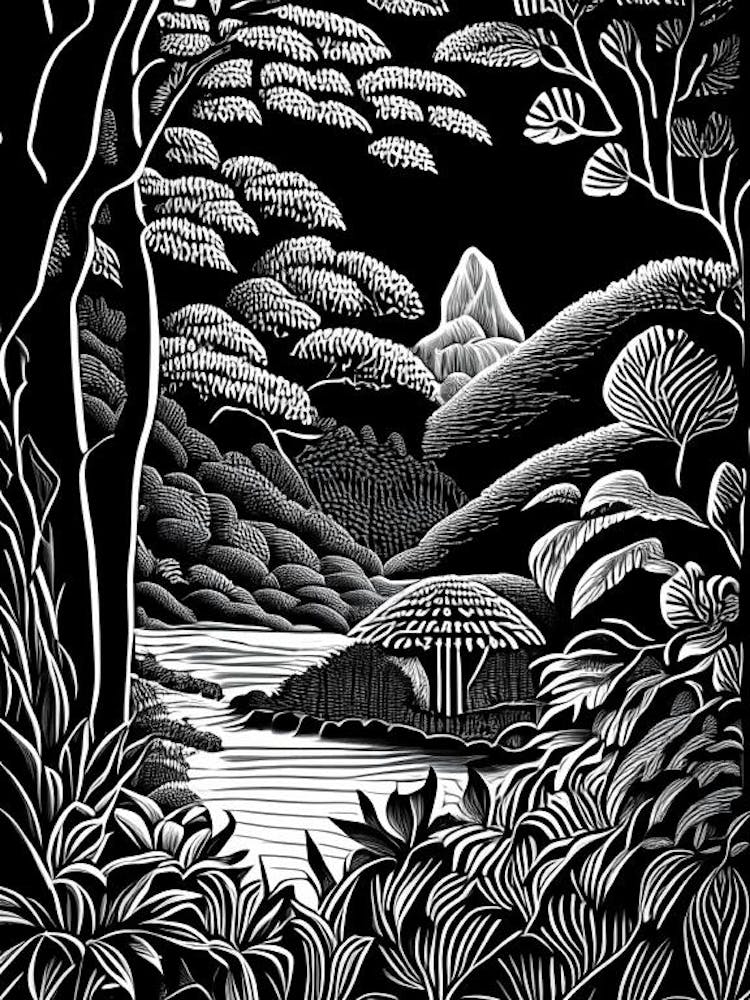 Ganna Walska Lotusland, Usa Linocut Black And White Vintage