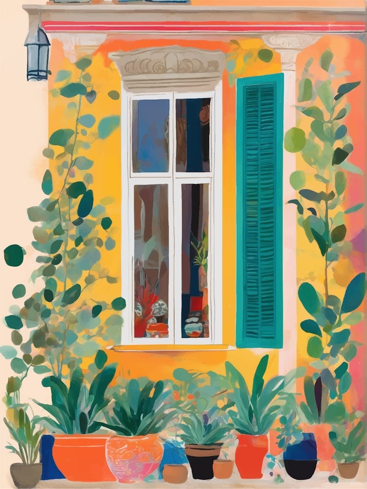 House facade with retro windows and plants