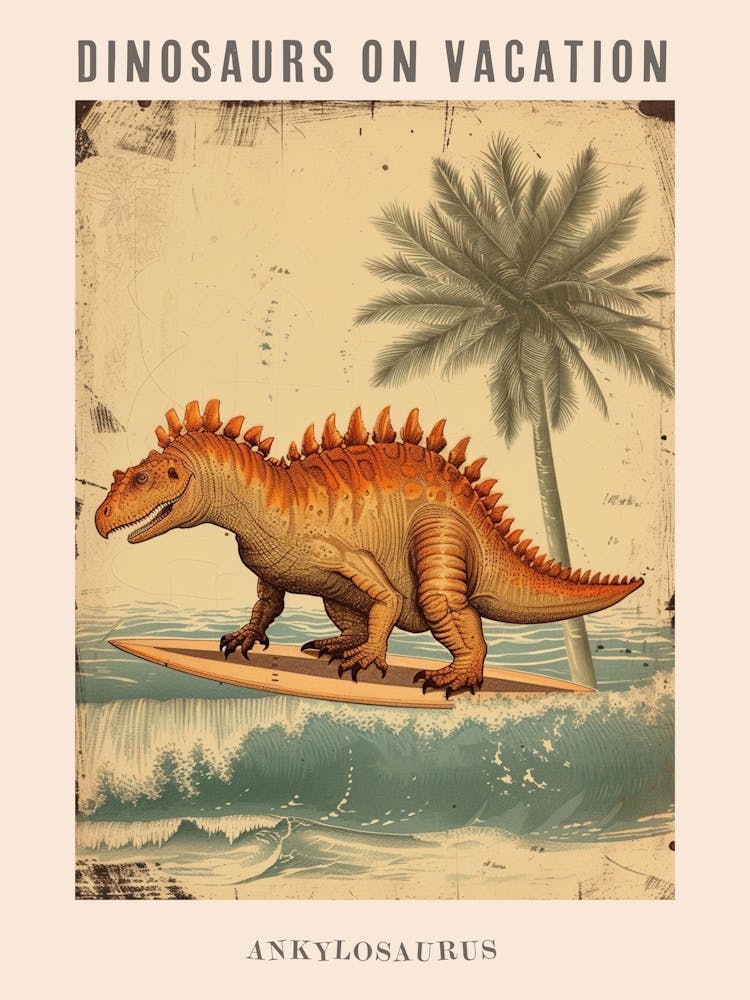 Vintage Ankylosaurus Dinosaur On A Surf Board Poster