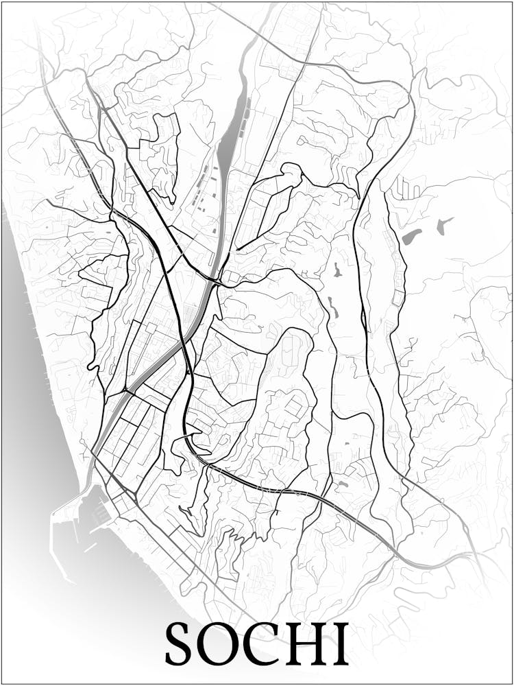 Sochi, Krasnodar Krai, Russia, City Map, Black And White Fade Design