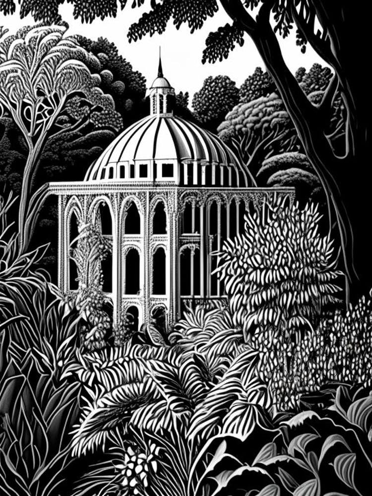 Kew Gardens Hillsborough Castle, 1, United Kingdom Linocut Black And White Vintage