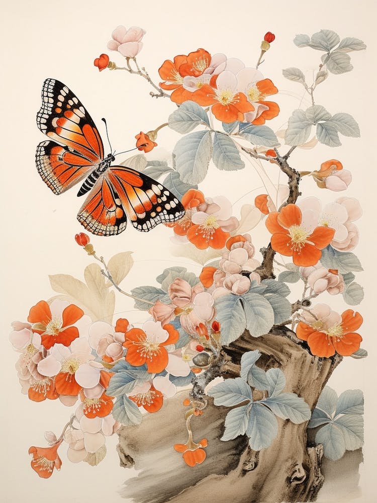 Japanese Style Painting Of A Butterfly With Flowers 7