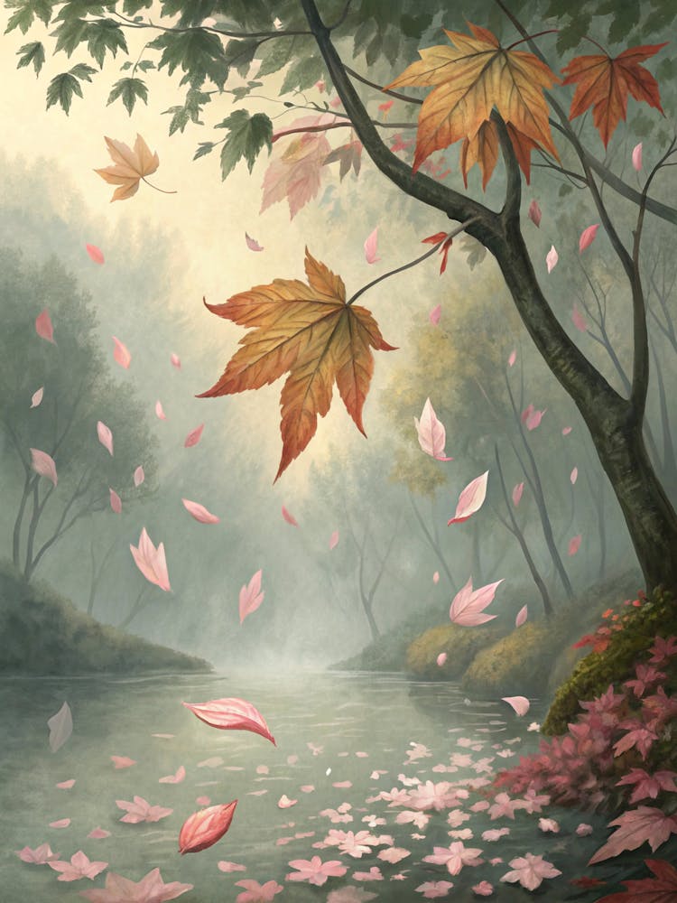 Oil Painting Style Floating Leaves And Petals