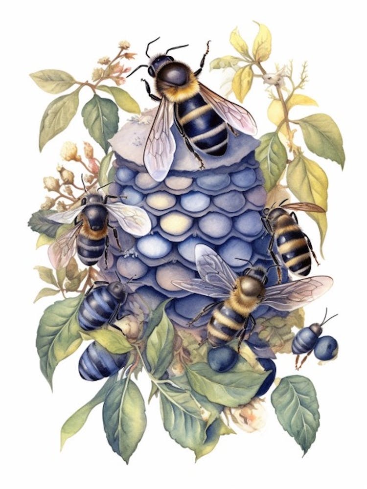 Blueberry Bee Beehive Watercolour Illustration 1