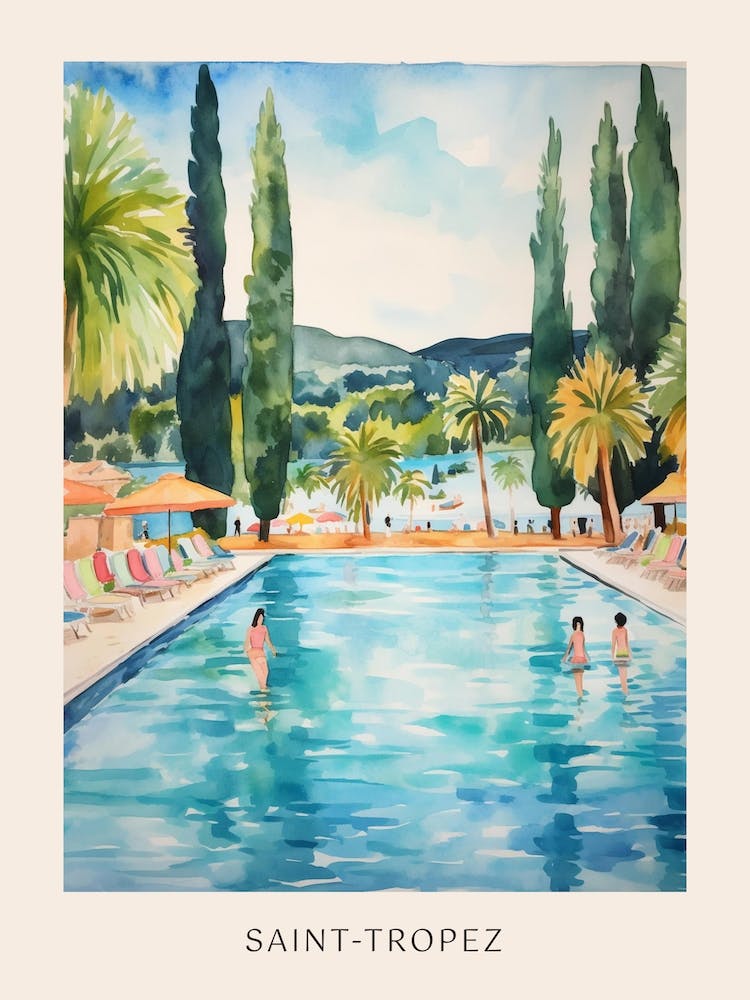 Swimming In Saint Tropez France 2 Watercolour Poster