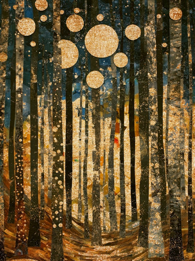 Gustav Klimt Style Forest Nightscape Wall Art – Mixed Media Art Gold Leaf Texture Abstract Woodland with Moon, Stars, Trees – Surreal Nature Wall Art for Modern Living Room, Boho Bedroom, Office Decor