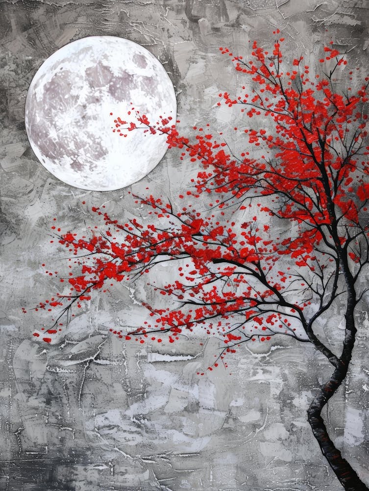 Red Cherry Tree With Full Moon