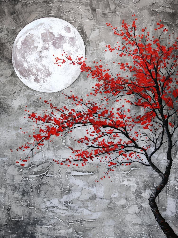 Red Cherry Tree With Full Moon