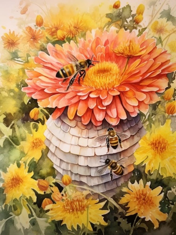 Beehive With Chrysanthemums Watercolour Illustration 2