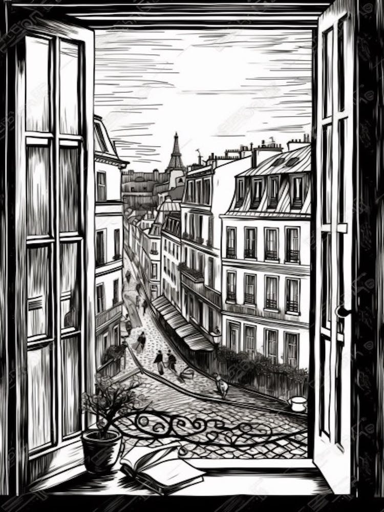 A Window View Of Paris In The Style Of Black And White  Line Art 1