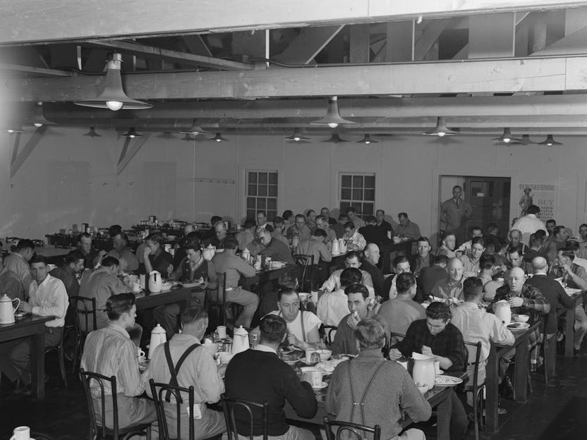 Workmen At Shasta Dam Eating Dinner At The Commissary,Shasta County, California By Russell Lee