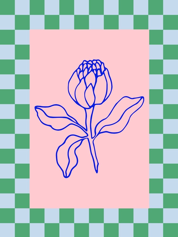 Modern Checkered Flower Poster Blue & Pink 5