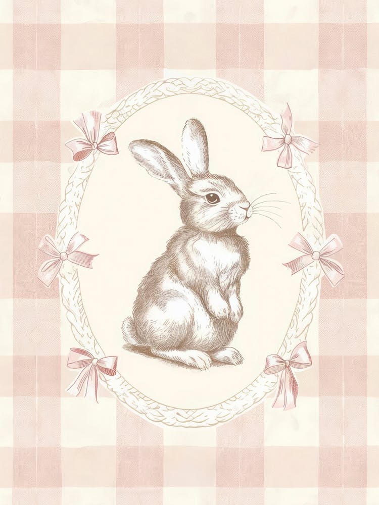 Little Baby Bunny in a Whimsical Bows Frame with Checkered Background. Vintage Illustration, Kids Room