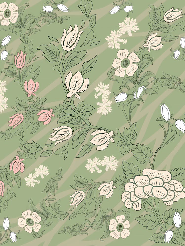 Elegant seamless vintage floral pattern with delicate pink and cream flowers on a muted sage green background.