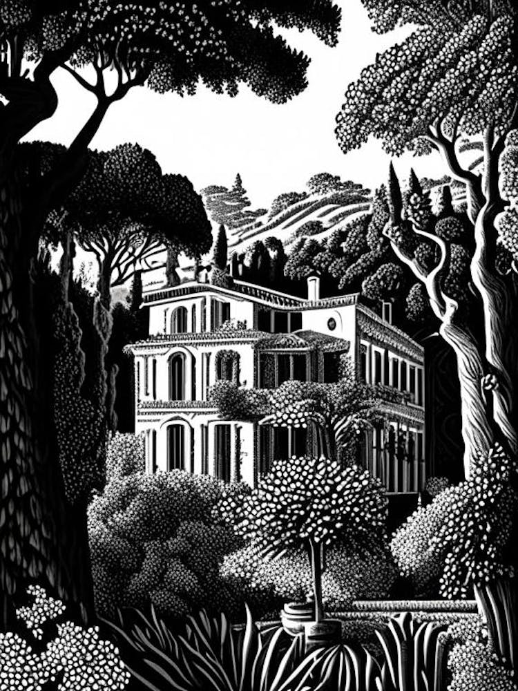 Villa Lante, Italy Linocut Black And White Vintage