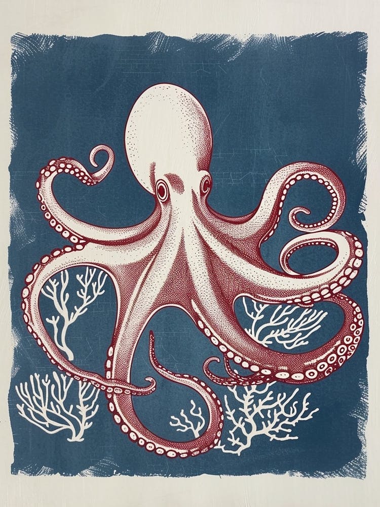 Retro Red Navy Octopus Linocut Style 1