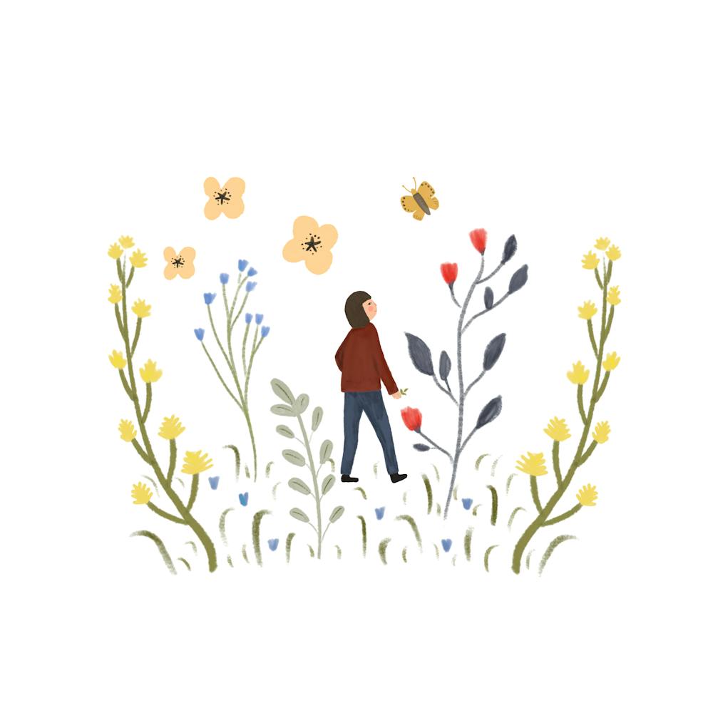 Frau im Garten spazierend