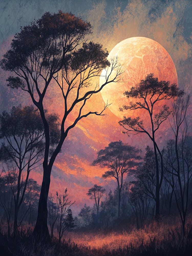 Oil Painting Style Muted Sun Behind Silhouette Of tree