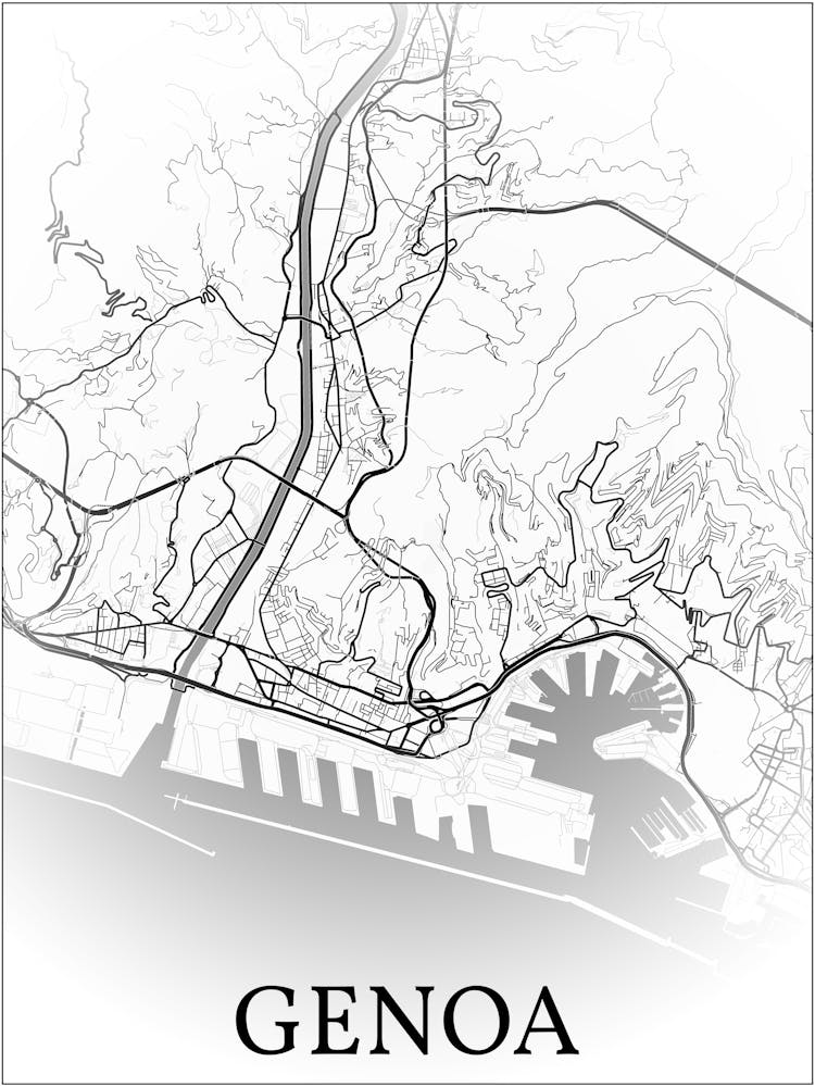 Genoa, Italy, City Map, Black And White Fade Design