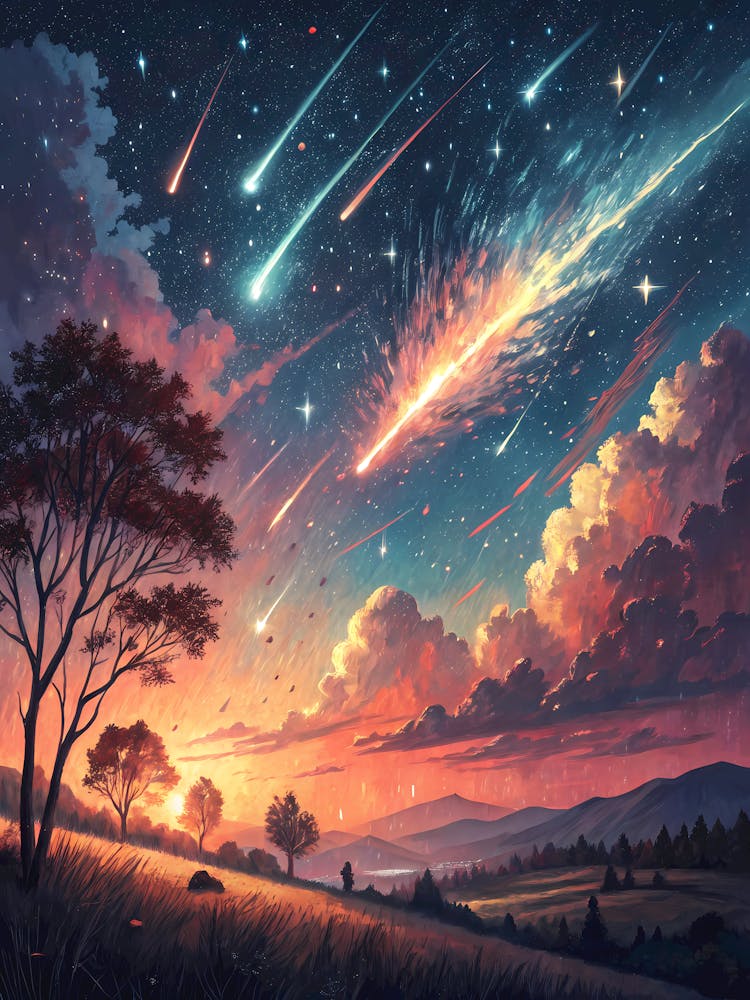 Meteor Shower Streaking Across Sky Fantasy Aoil painting