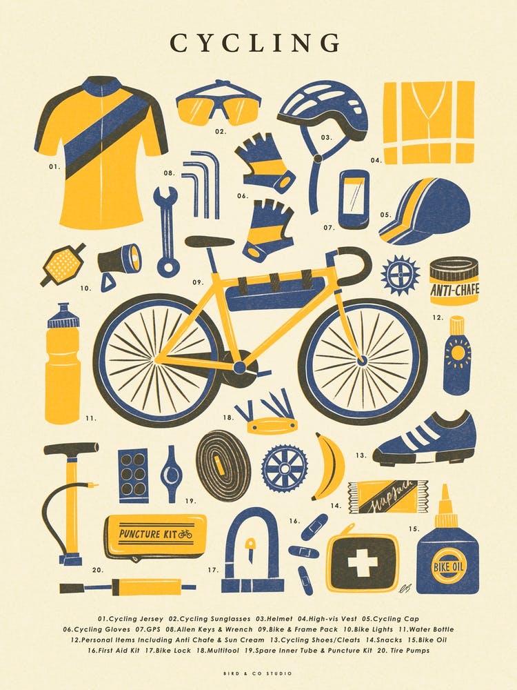 Retro Cycling Kit in Blue, Yellow and Cream | Vintage Bicycle Poster | Sport and Outdoor Nostalgic Graphic Illustration 1