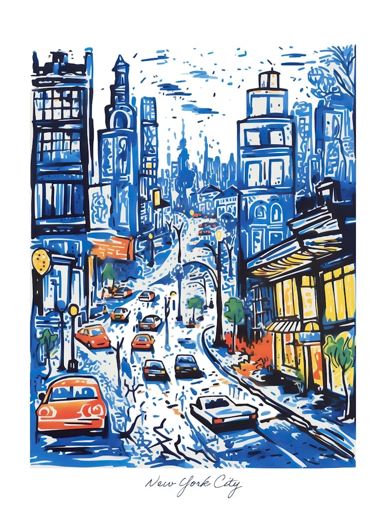 New York Illustration Line Art Travel Blue