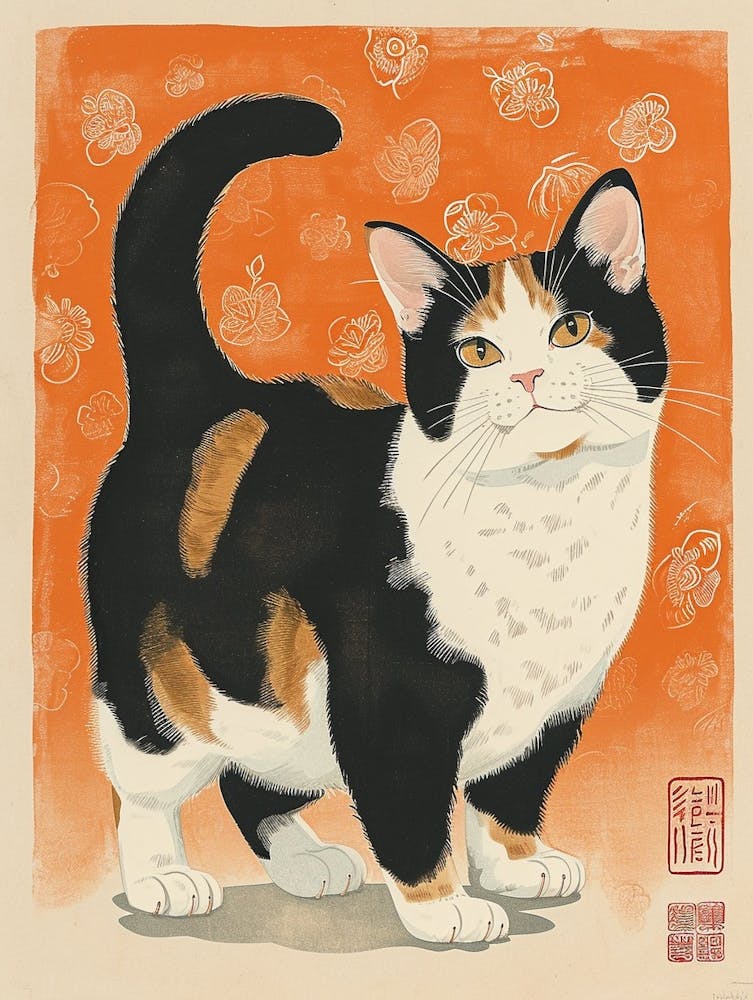 Japanese Bobtail Cat Relief Illustration 1