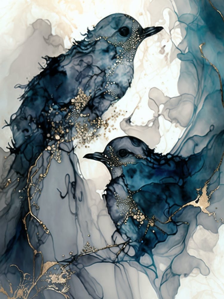 Two Birds With Blue Feathers Abstract