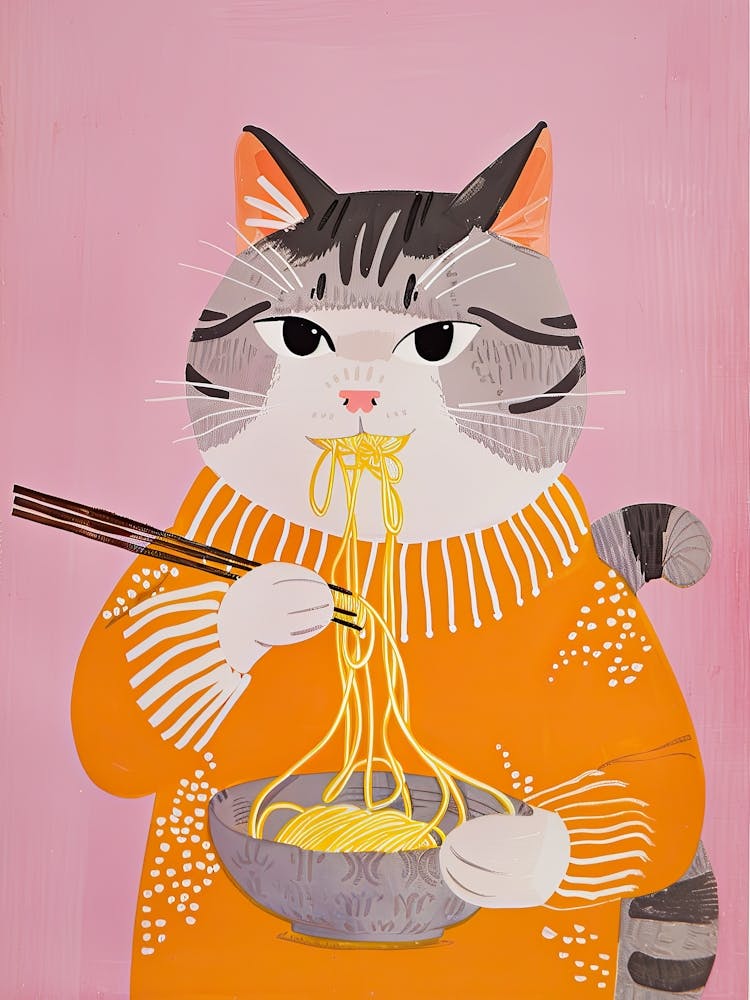 Cute Grey White Cat Eating Pasta Folk Illustration 2
