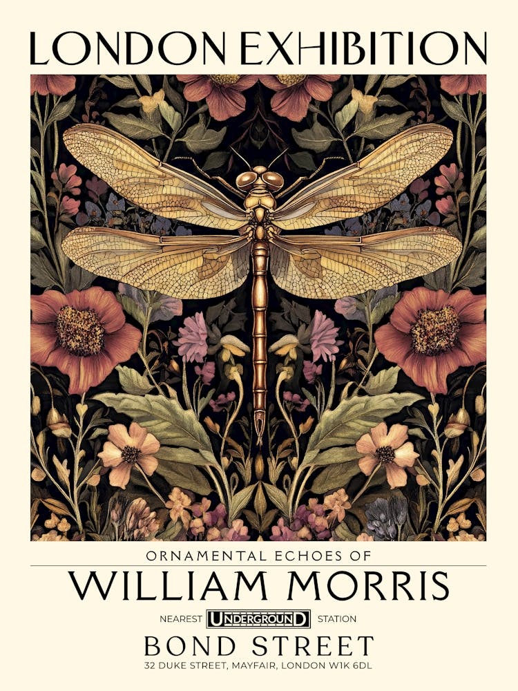 William Morris Dragonfly and floral artwork in Warm earth tones, insect and flower pattern dark academia library Botanical vintage print, living room vintage decor Floral tapestry Victorian nature art 20
