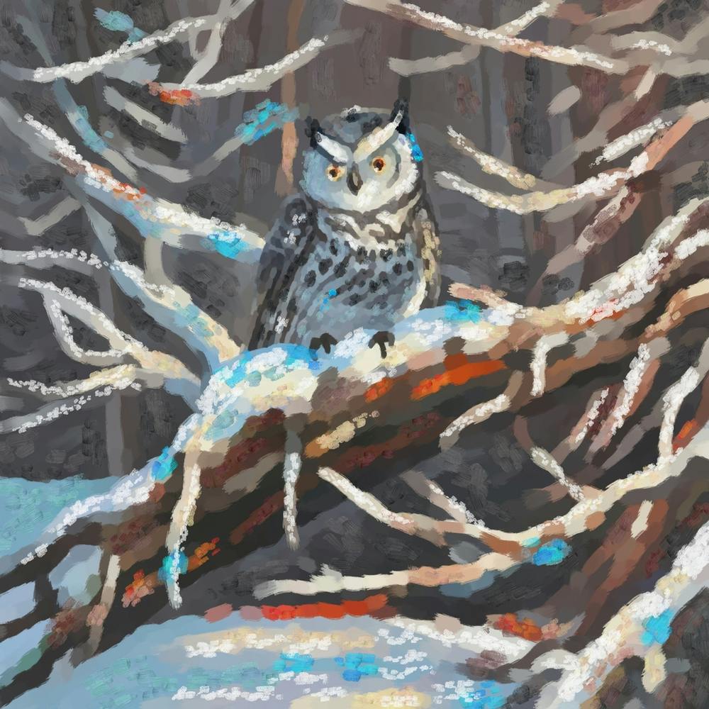 Owl in a winter pine forest