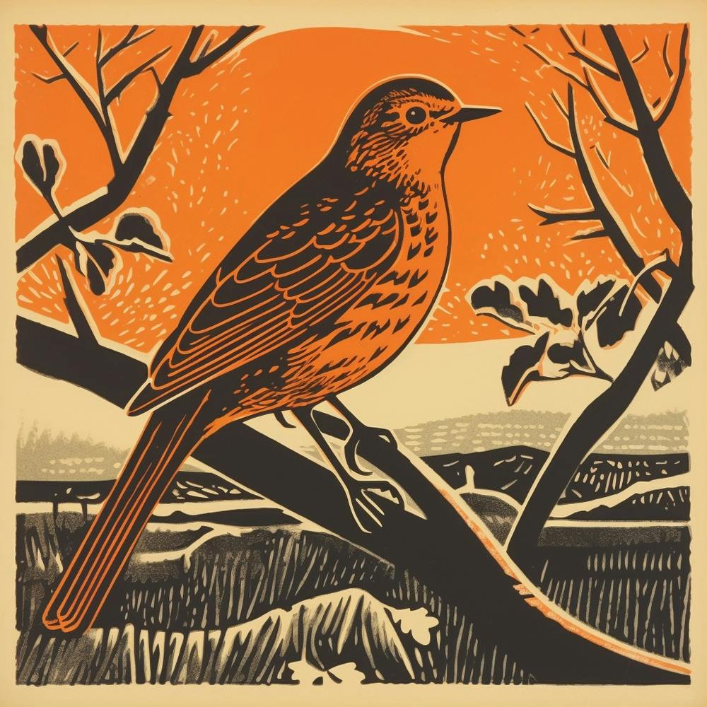 Retro Bird Lithograph Hermit Thrush 2