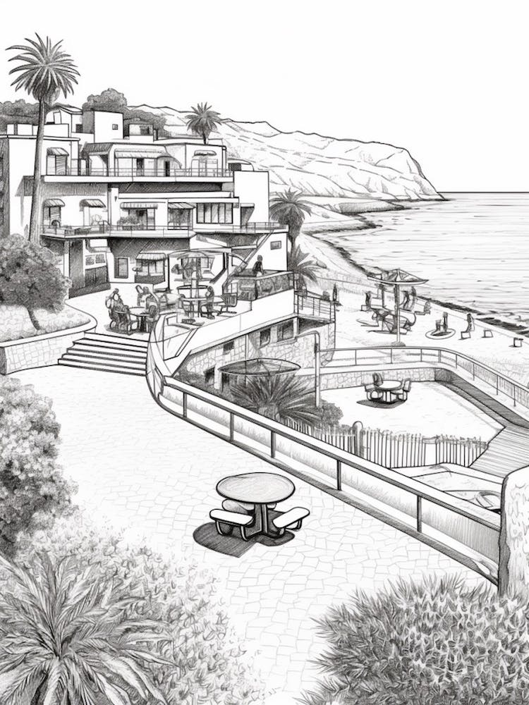 View Of Malibu California, Usa Line Art Black And White 16