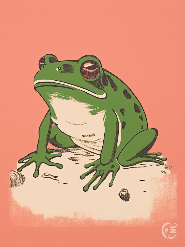 Frog Unimpressed, Matsumoto Hoji Inspired Japanese Green And Pink 2