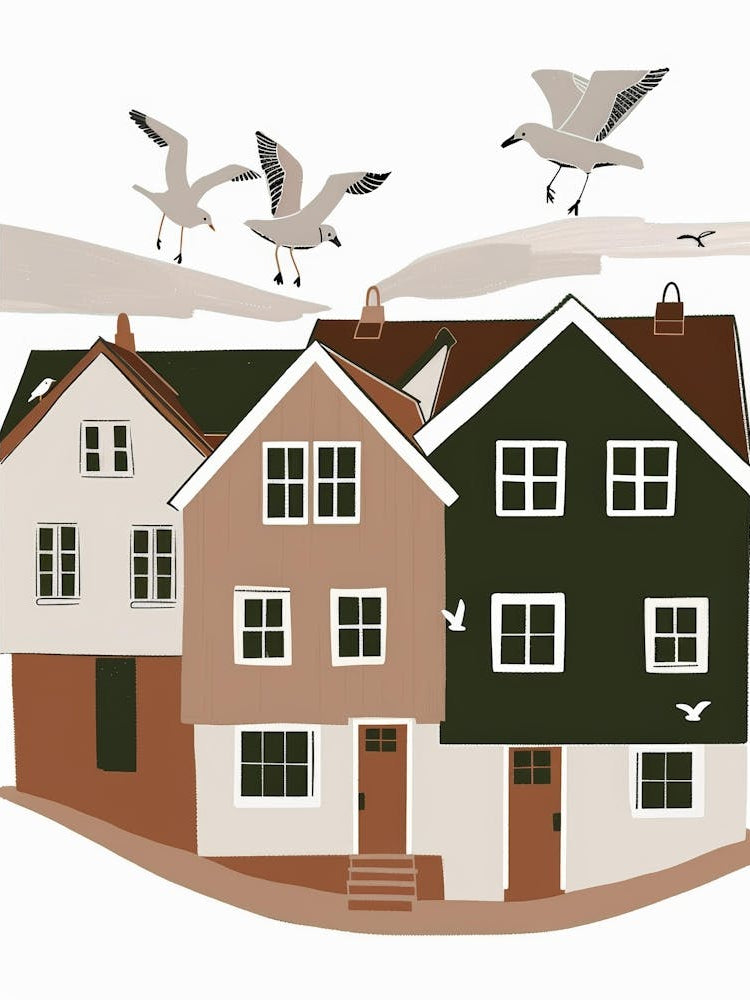 Seagulls Flying Over Houses