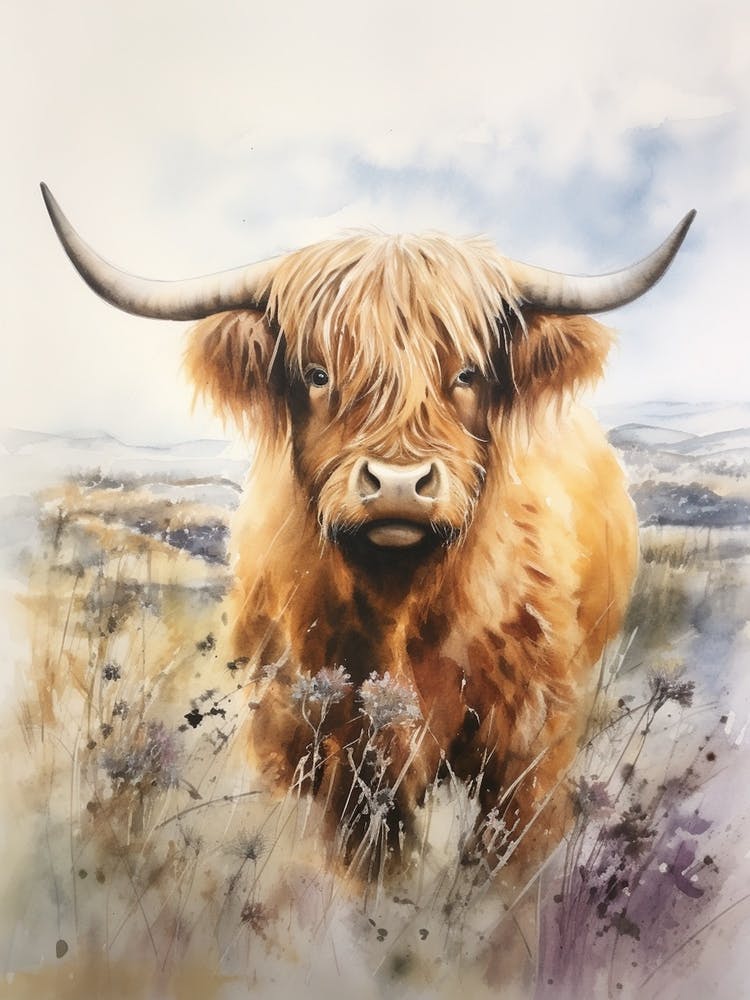 Highland Cow In Grassy Wildflower Field 2