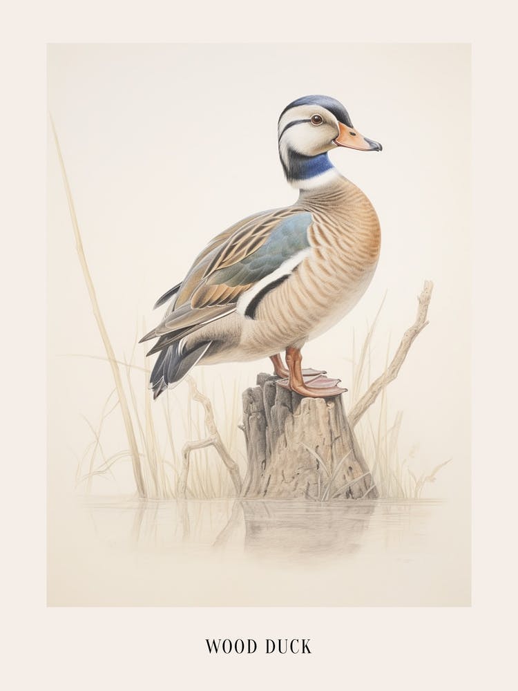 Vintage Bird Drawing Wood Duck 1 Poster